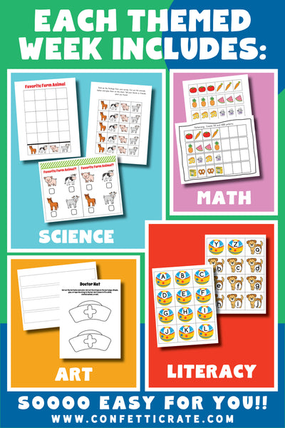 Homeschool preschool curriculum that is easy and affordable. Each weekly themed unit has an activity for science, math, literacy, and art. It has an additional skill activity and a dramatic play idea. www.confetticrate.com