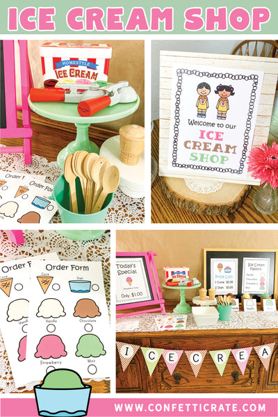 Ice cream shop is so much fun to play and easy to do in your home. Your kids will love these ice cream shop printables because they will have so much flexibility with their creativity! You will love the screen free time. www.confetticrate.com
