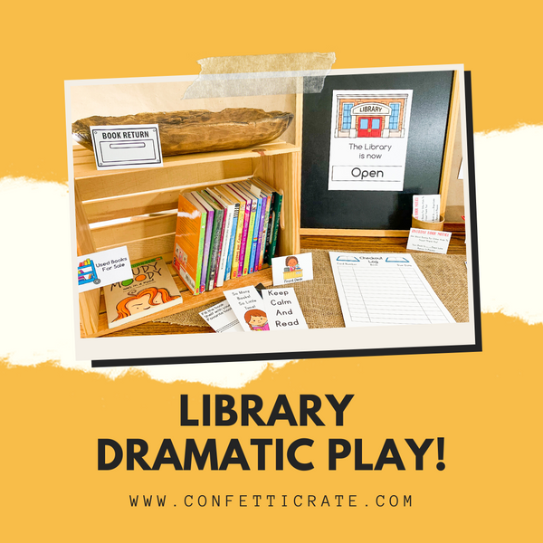 Library dramatic play printables come with a reading program, library cards, signs, bookmarks, coloring pages, and a sign for a makers space. www.confetticrate.com