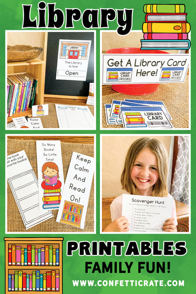 Library dramatic play printables come with a reading program, library cards, signs, bookmarks, coloring pages, and a sign for a makers space. www.confetticrate.com
