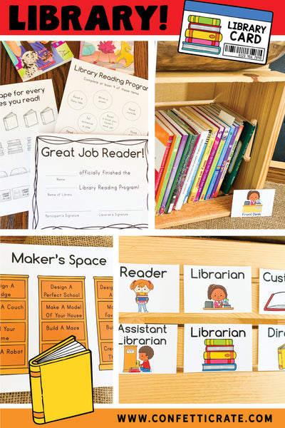 Library dramatic play printables come with a reading program, library cards, signs, bookmarks, coloring pages, and a sign for a makers space. www.confetticrate.com