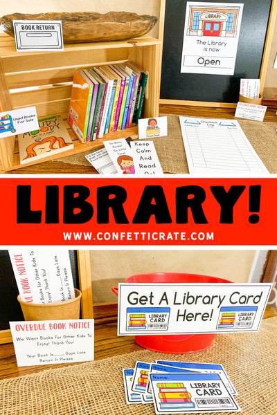 There are several activities included in the library dramatic play printables that will keep your kids busy for hours. They can make booksmarks, color the coloring pages, create items from the makers space list, or work on the ready program. www.confetticrate.com