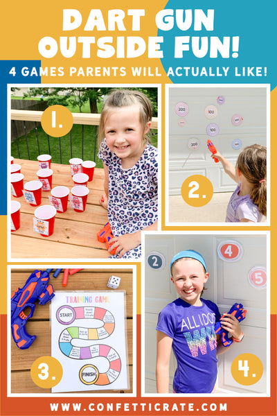 Dart gun printable games that both kids and parents will like. These games can be outside games for kids. They can also be inside games for kids for a rainy day. www.confetticrate.com