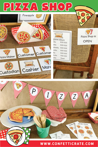 These pizza shop dramatic play printables will create the perfect indoor activities for your kids. They could play pizza shop while you work from home or on a rainy day. www.confetticrate.com
