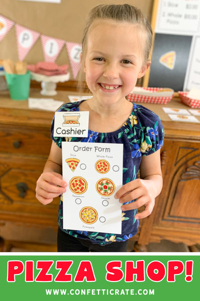 These pizza shop dramatic play printables will create the perfect indoor activities for your kids. They could play pizza shop while you work from home or on a rainy day.