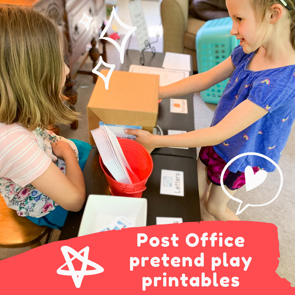 Post office dramatic play printables. These are the perfect indoor activity for your kids to do while you are working from home. www.confetticrate.com