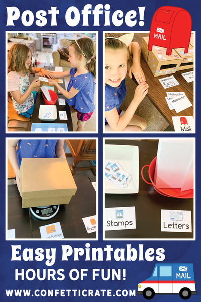 Post office dramatic play printables. www.confetticrate.com