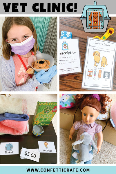 Veterinarian clinic dramatic play printables. This is the perfect indoor activity for kids to keep them busy and screen free. They will love playing with their stuffed animals. www.confetticrate.com