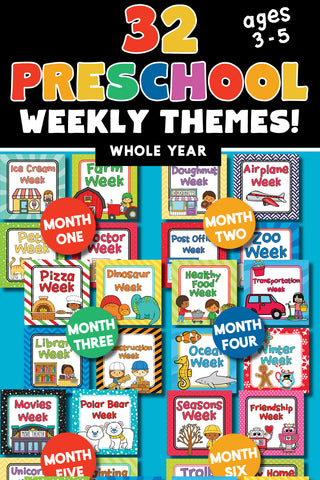 An entire year, 32 weeks, of Preschool Curriculum Theme Units in printable PDF files for ages 3-5. These work well for preschool teachers, daycare teachers, and homeschool preschool. Each theme has several fun, interactive activities, not worksheets to maximize learning fun! Included 302 pages in color and the same 302 pages in black and white. Uses items you have around the house!