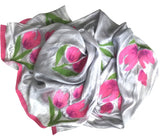 HANDCRAFTED BY 7 SISTERS — SILK & FELTED WOOL GRAY, PINK & GREEN TULIP-PATTERNED LONG SCARF/SHAWL