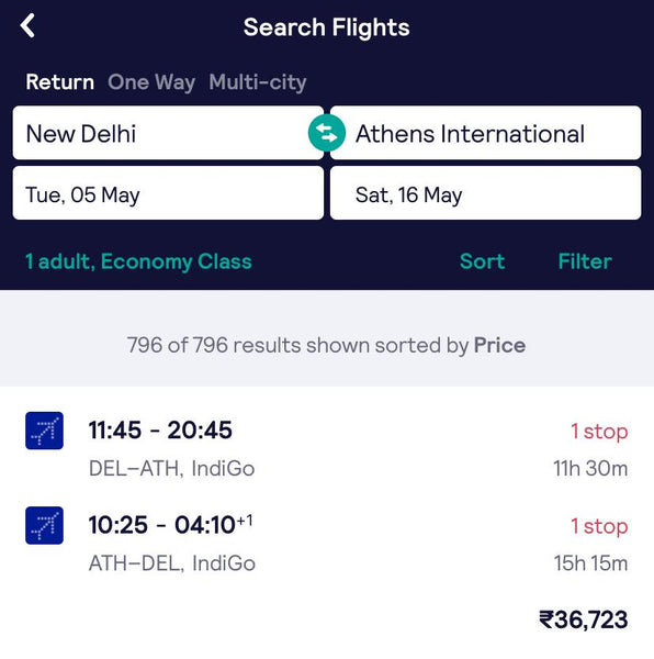 Delhi to Athens Indigo Flight