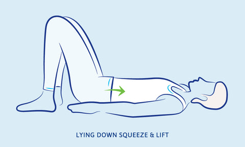 Bridge exercise - lay down with knees up, squeeze pelvic floor and lift