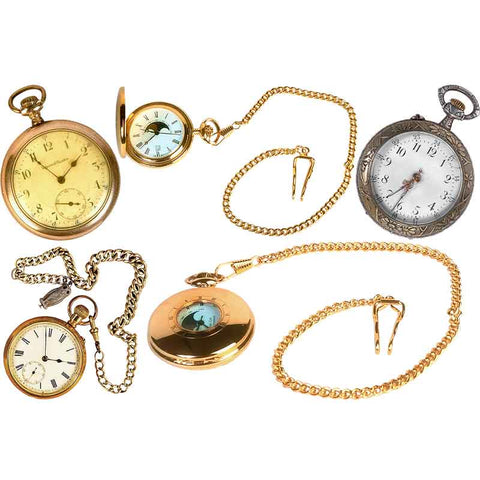 plusieurs montres à gousset en or, argent, cuivre, bronze, avec chaines cadran ouverts et clapets fermés