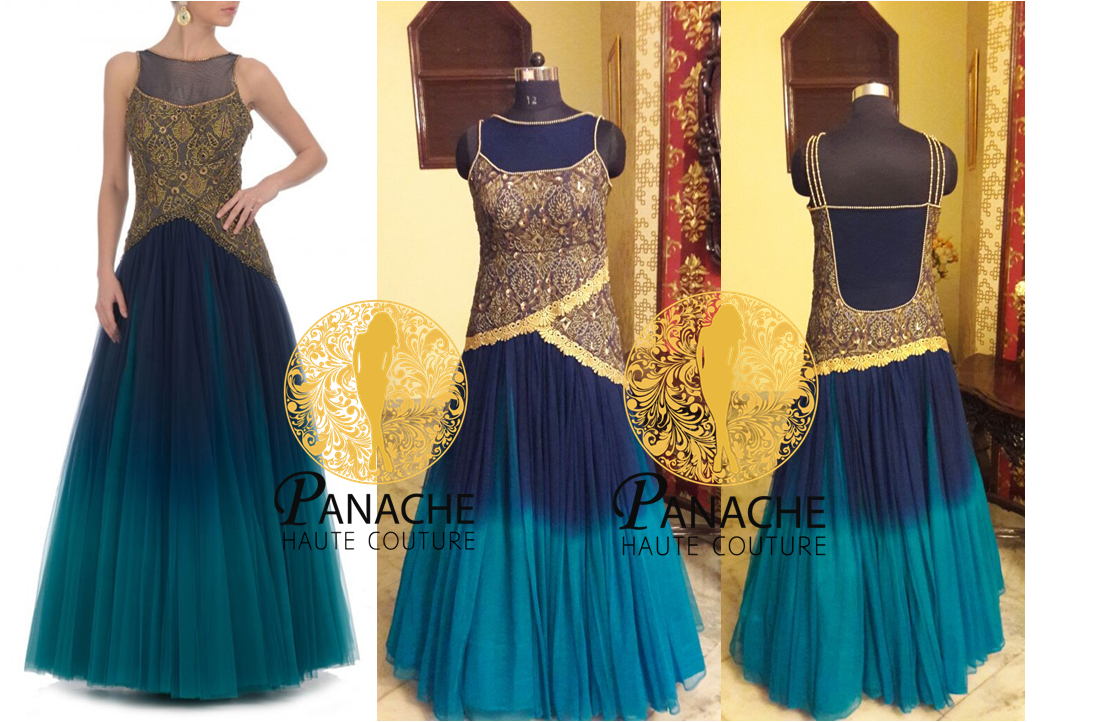 Aqua Color Indo Western Gown - Replica Made by Panache Haute Couture