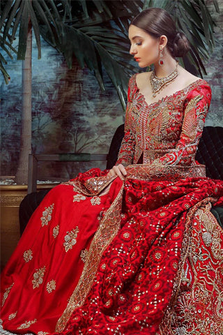 Red Color Wedding Jacket Lehenga