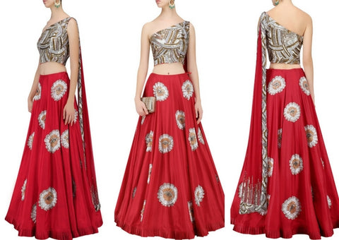 Red Color Lehenga with One Shoulder Blouse