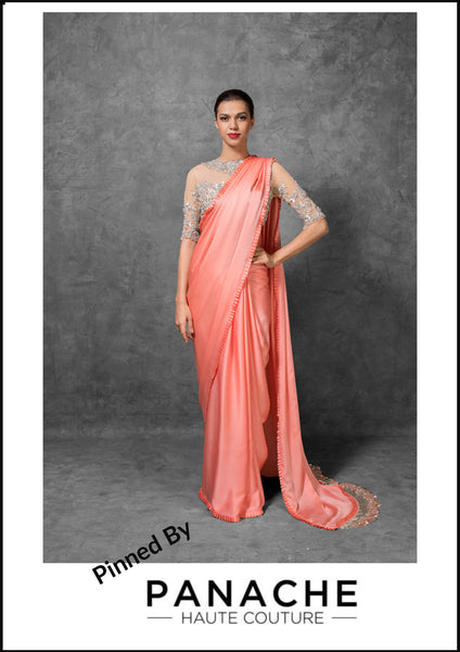 Peach Color Satin Saree Embroidered Blouse