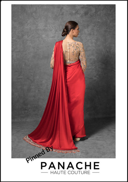 Red Color Satin Saree Embroidered Blouse