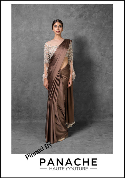 Chocolate Brown Color Satin Saree Embroidered Blouse