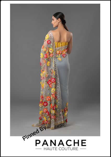 Grey Color Net Saree with Yellow and Red Thread Embroidery