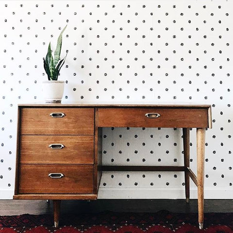  One plant on a mid-century desk against polka-dot wallpaper