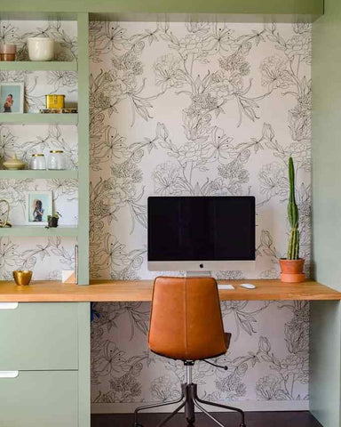 Sage home office desk with a subtle floral peel and stick backdrop