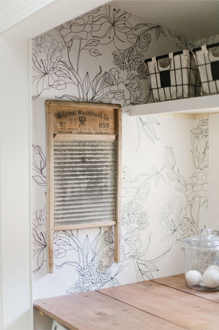 Sketch Floral Wallpaper in Laundry Room