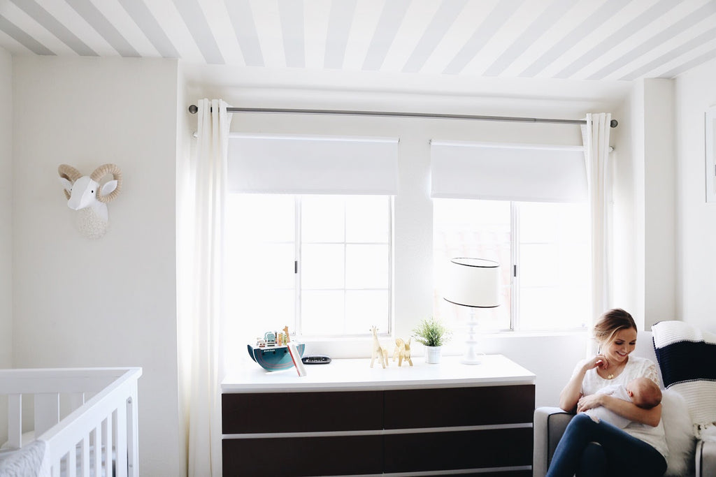 Merrick used WallsNeedLove's vinyl wall striping on her ceiling! So cool!