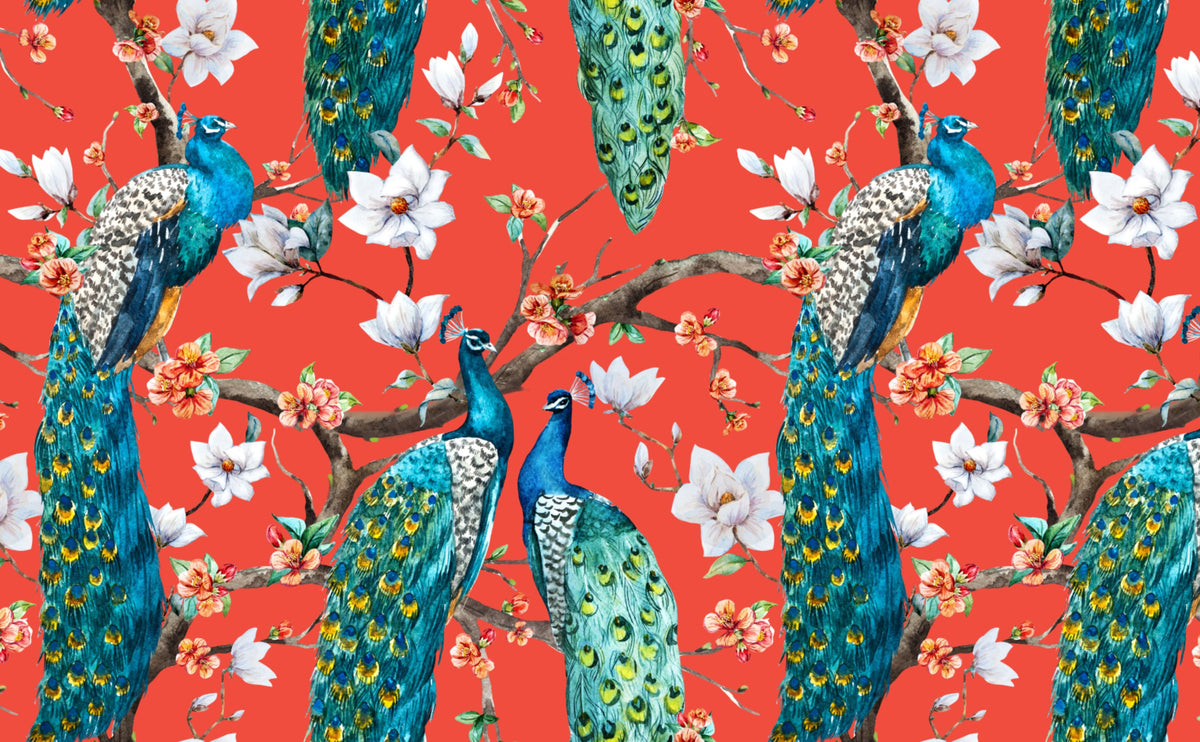 Peacocks & Flowers Wallpaper for Walls | Victorian Peacocks on Red