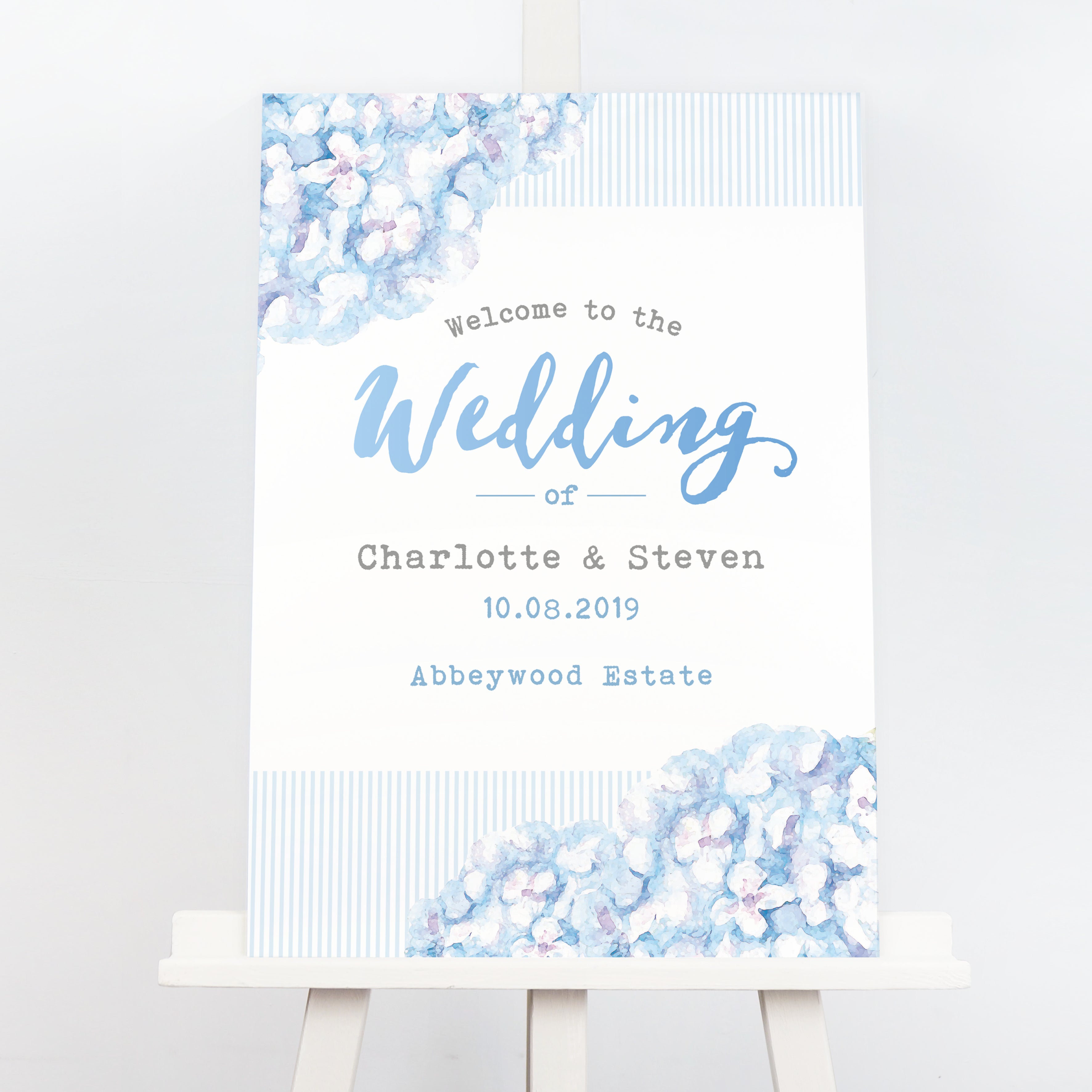 Blue hydrangea wedding welcome sign