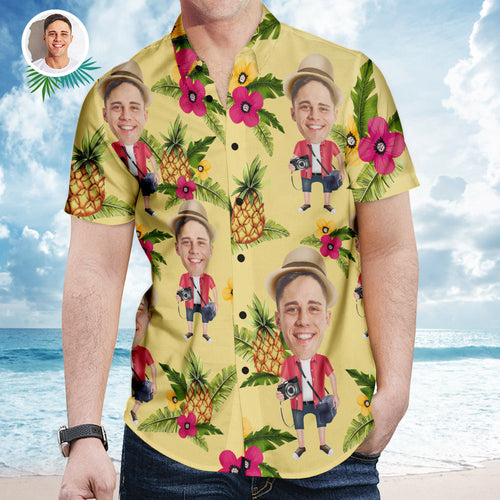 Custom Face And Text Hawaiian Shirt Short Sleeve Shirt Pineapple Beach Summer Photographer Shirts for Men