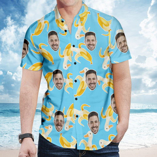 Custom Face Hawaiian Shirt Personalized Photo Banana Duck Summer Shirts for Men - Blue