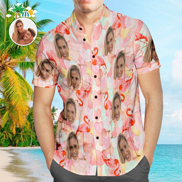 Custom Face Hawaiian Shirts Personalised Flamingo Couple Hawaiian Shirts Valentine's Day Gift
