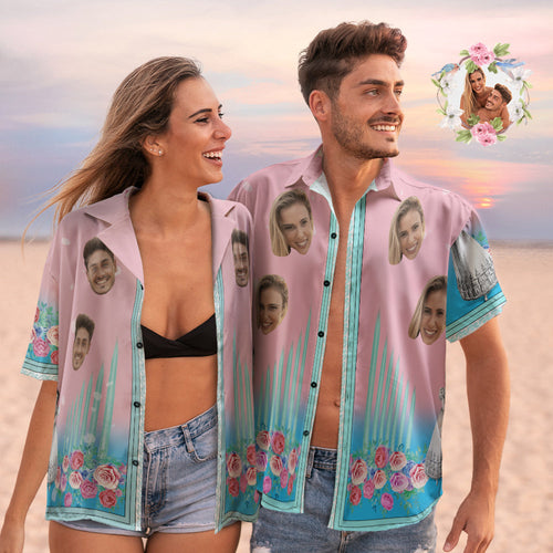 Custom Face Hawaiian Shirts Personalised Couple Floral Pink Holiday Beach Shirts Valentine's Day Gift