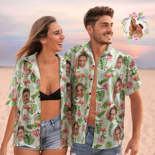 Custom Face Hawaiian Shirts Personalised Flamingo Shirts Couple Casual Short Sleeve Valentine's Day Gift
