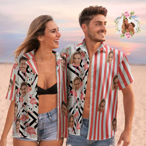 Custom Face Hawaiian Shirts Personalised Flamingo Shirts Casual Short Sleeve Valentine's Day Gift for Couple