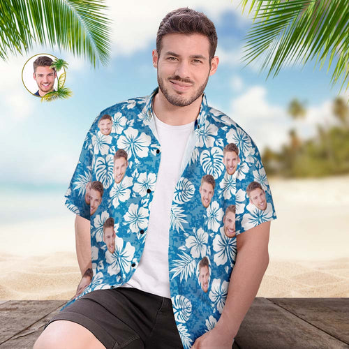 Custom Face Summer Hawaiian Shirt Personalised Men's Photo Blue Shirt - MyFacepajamas