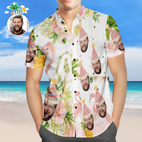 Custom Flamingo Birthday Party Hawaiian Shirt Personalized Face Shirt