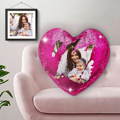 Custom Photo Magic Heart Sequin Cushion Pillow