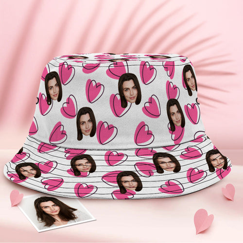 Custom Face Bucket Hat Unisex Personalised Photo Summer Cap Hiking Beach Hats - Pink Heart