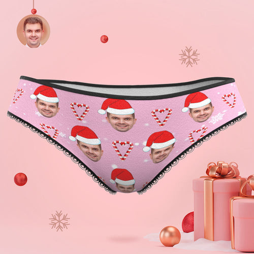 Custom Face Pink Christmas Candy Women's Panties Personalized Pink Christmas Gift