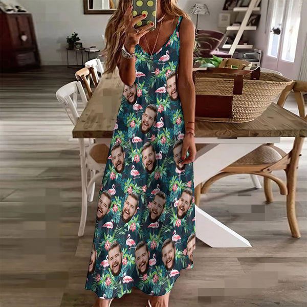 Custom Face Sling Hawaiian Style Long Dress Flamingo Flower