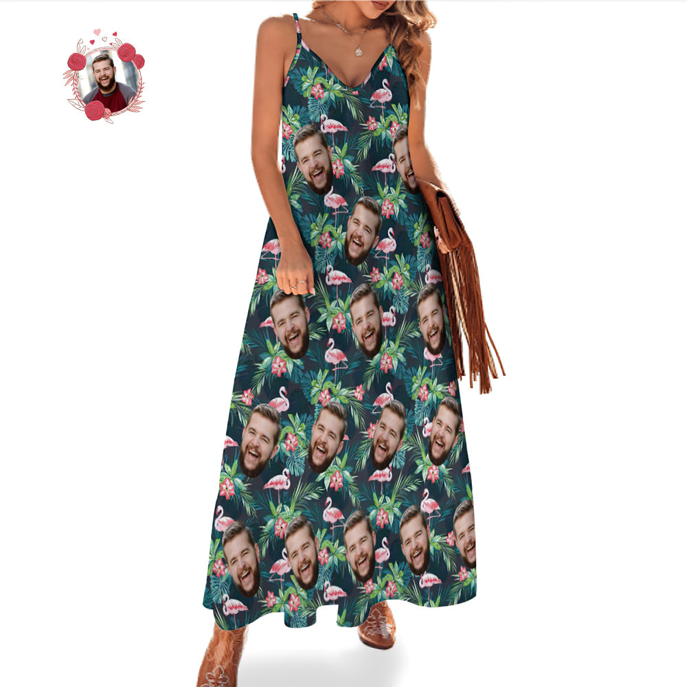 Custom Face Sling Hawaiian Style Long Dress Flamingo Flower