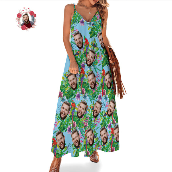 Custom Face Sling Hawaiian Style Long Dress Colorful Parrot