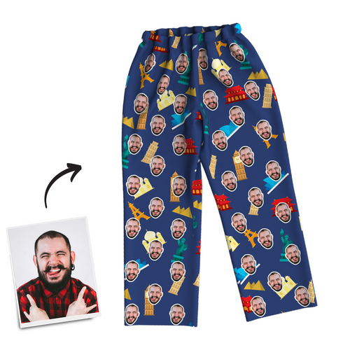 Custom Face Photo Pajama Pants, Travel Around The World, Nightwear, Sleepwear