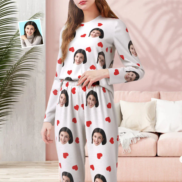 Custom Face Pajamas Personalised Round Neck Love Red Heart Pajamas For Women Valentine's Day Gift