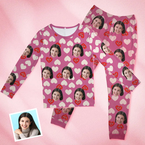 Custom Face Pink Pajamas Personalised Round Neck Love Funny Heart Pajamas For Women Valentine's Day Gift