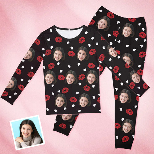 Custom Face Black Pajamas Personalised Round Neck Lips And Heart Pajamas For Women Valentine's Day Gift