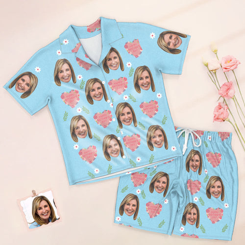 Custom Face Short Sleeved Pajamas Personalised Photo Sleepwear Women Summer Blue Pajamas Happy Mother's Day Gift