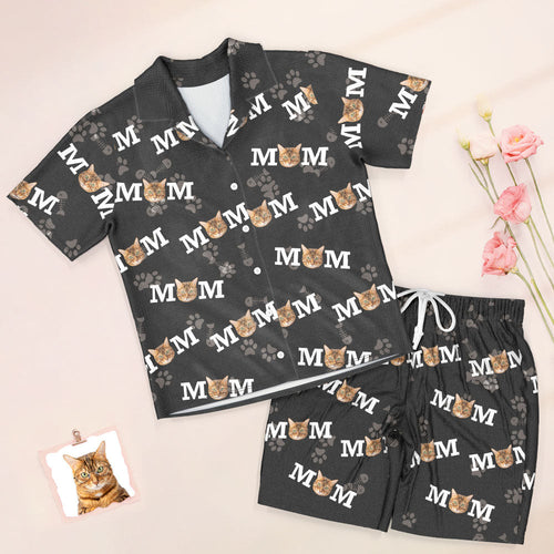 Custom Face Short Sleeved Pajamas Personalised Photo Sleepwear Women Summer Black Pajamas Cat Mom